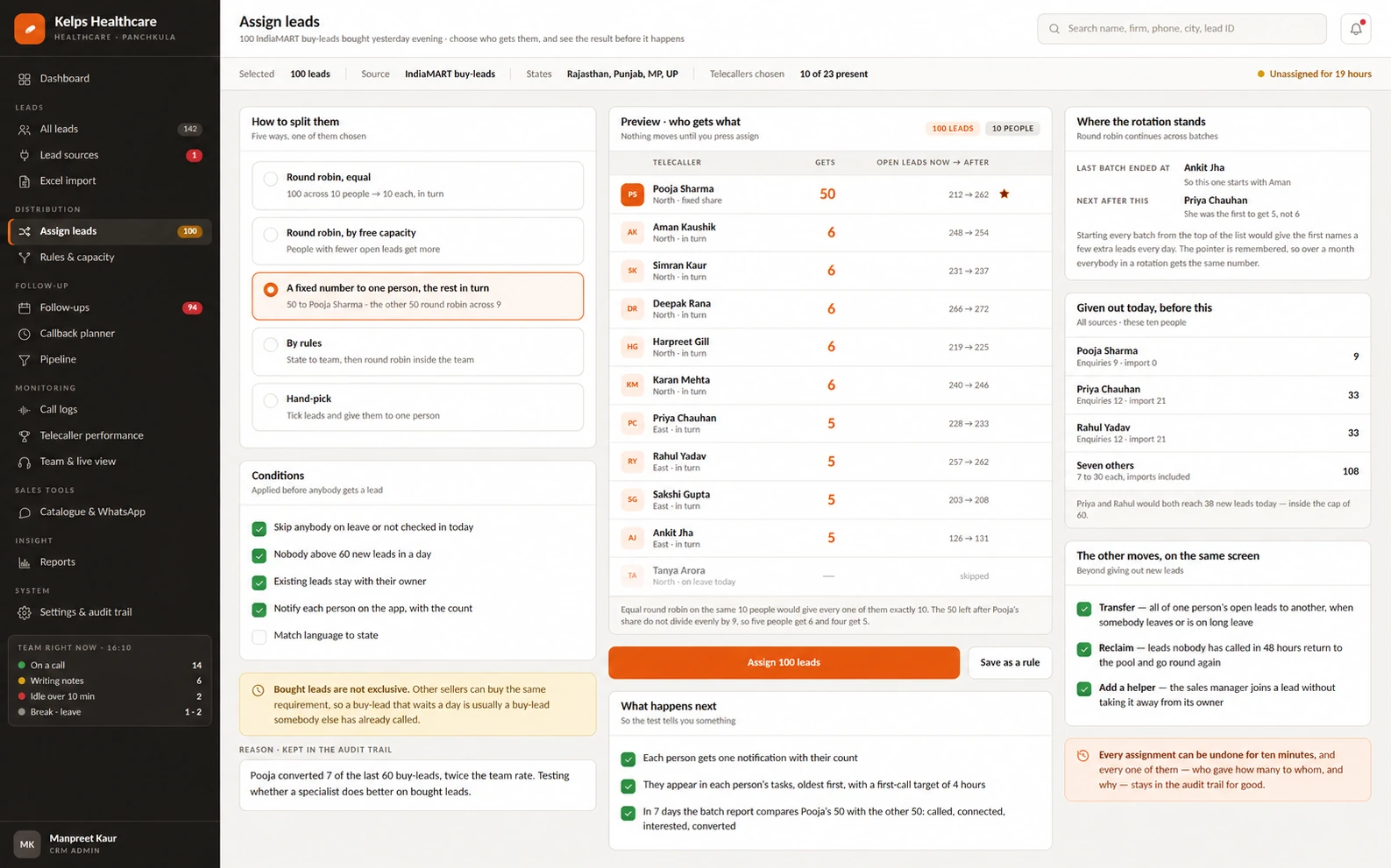 Kelps Healthcare CRM assignment blueprint with distribution options, caller capacity and a preview of proposed lead owners
