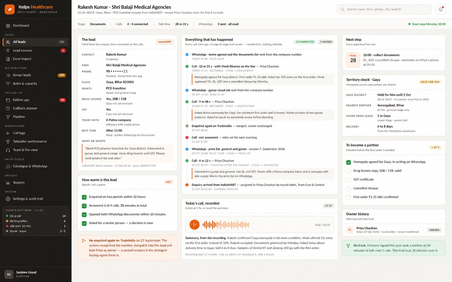 Kelps Healthcare pharmaceutical CRM lead-record blueprint with communication history, territory context, owner and next action